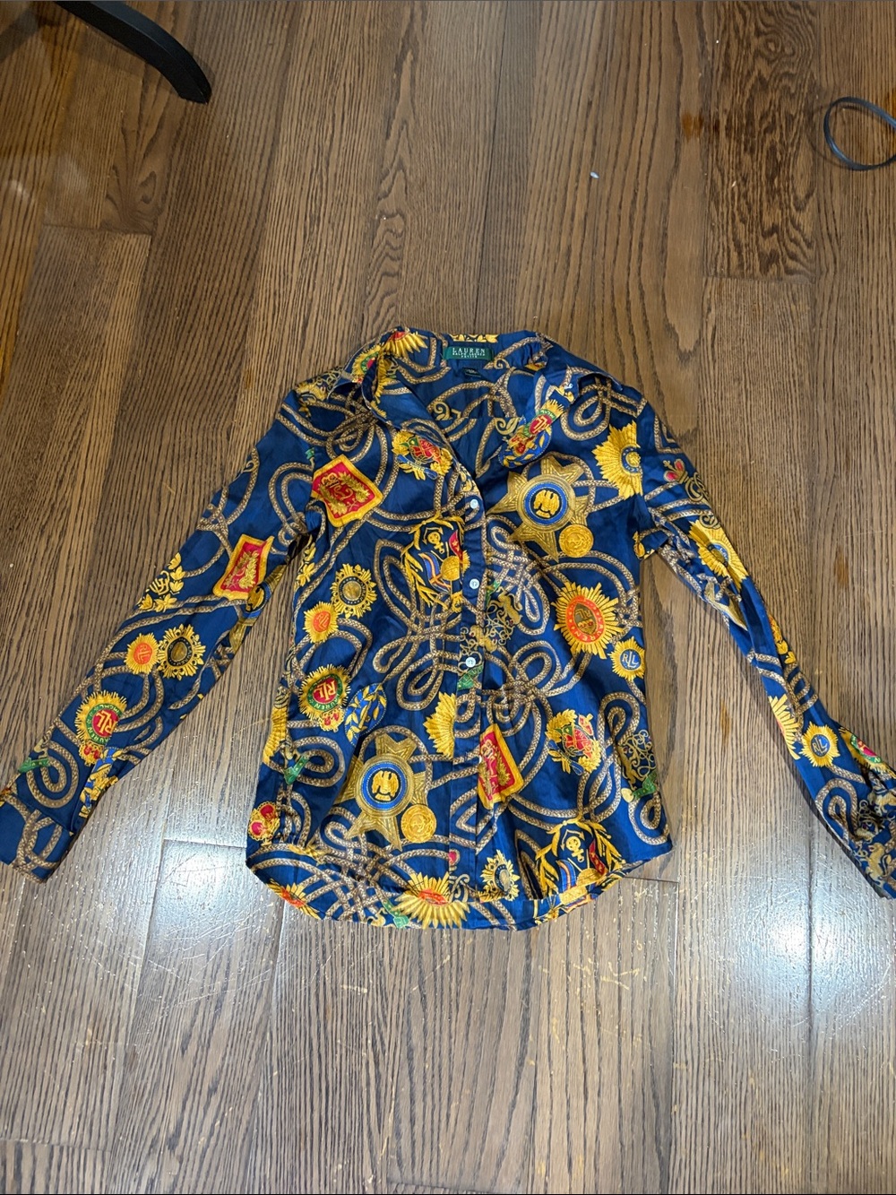 Vtg Ralph Lauren Navy Button-Down Shirt with Yellow and Red Medallion Print